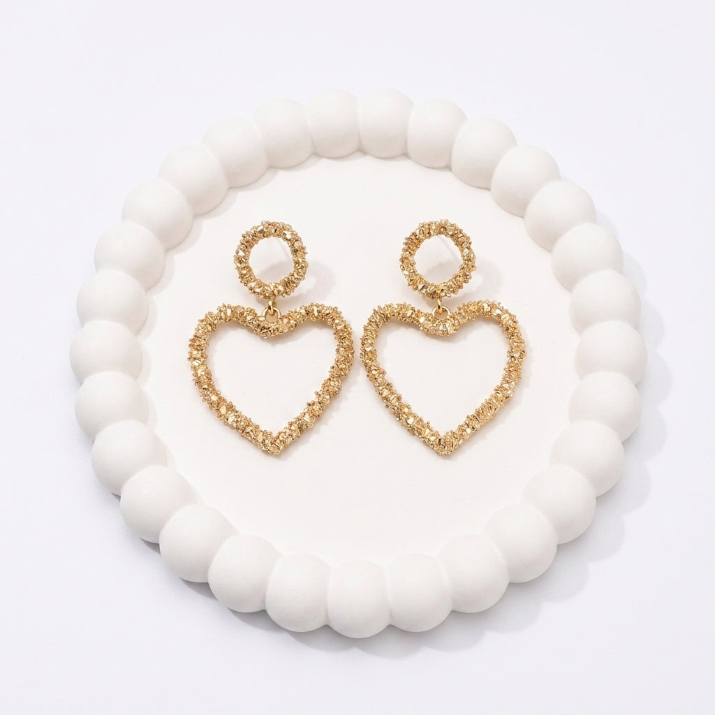 Gold Textured Heart Drop Earrings