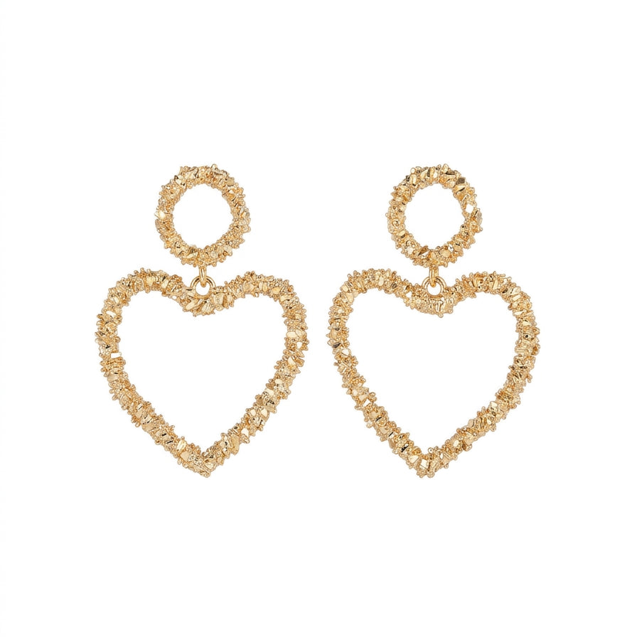 Gold Textured Heart Drop Earrings