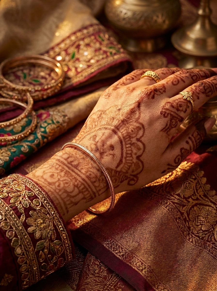 Rose gold serpentine bracelet worn on mehndi-adorned wrist with traditional Pakistani bridal styling