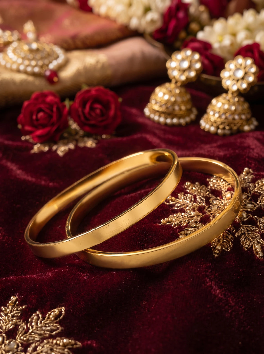 SUUNAAR Mehr Gold Bangle Set on red bridal fabric